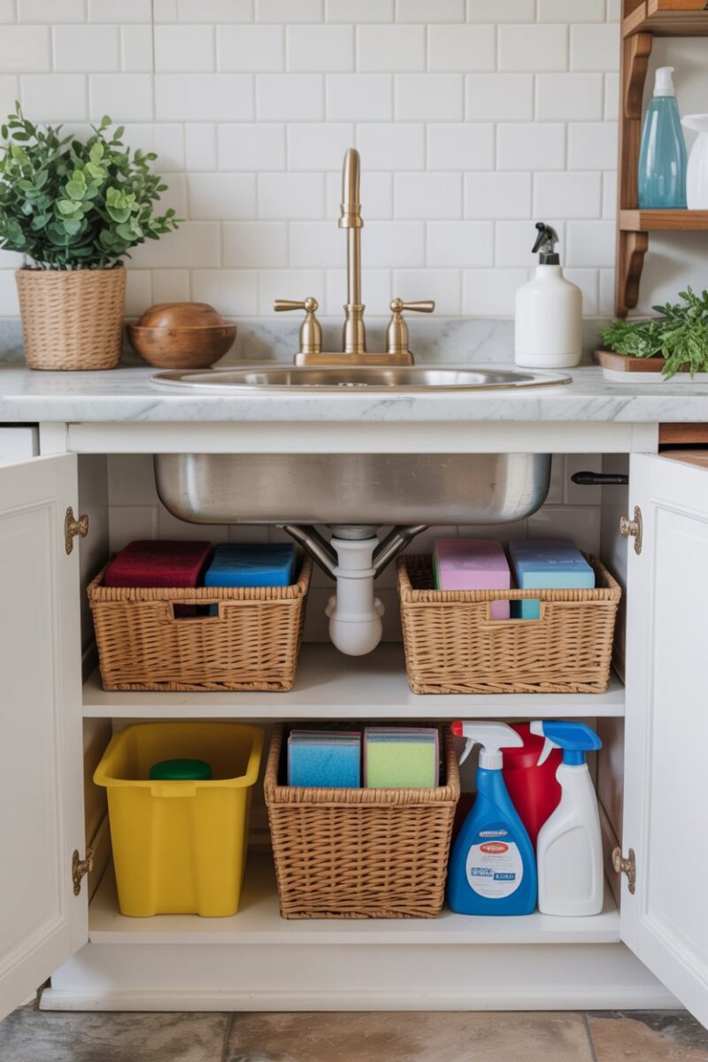 Organized under-sink space with cleaning supplies and bins.