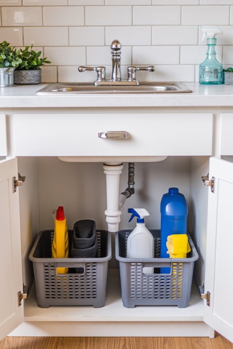 Organized under-sink storage with cleaning supplies and tools.