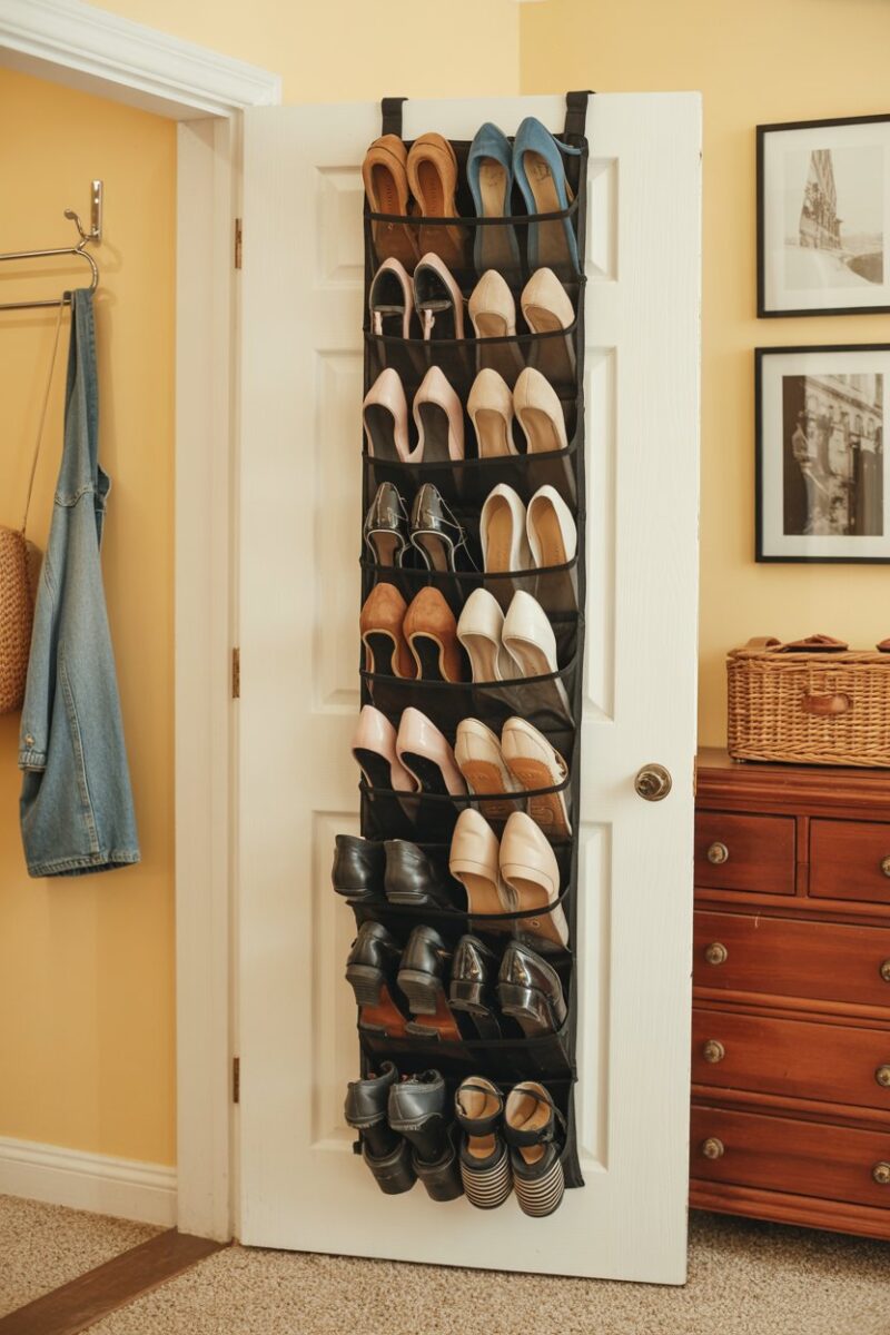 Over-the-door shoe organizer filled with various shoes, hanging on a door.