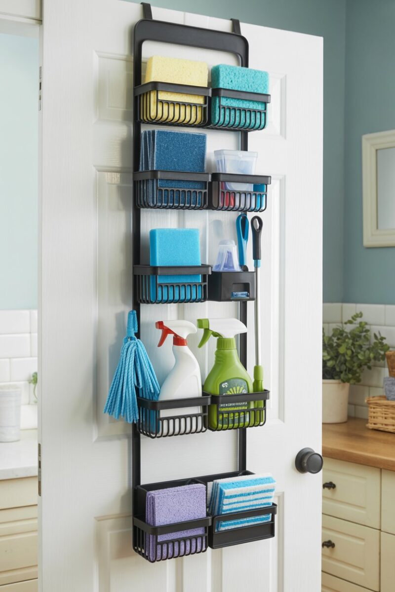 Over-the-door storage rack with various cleaning tools organized neatly.