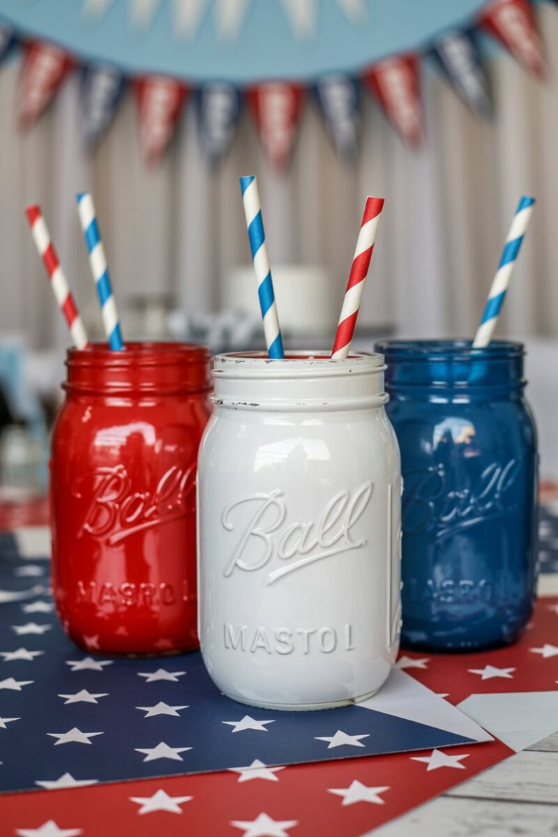 Painted mason jars in red, white, and blue with straws, set on a table decorated for a Super Bowl party.