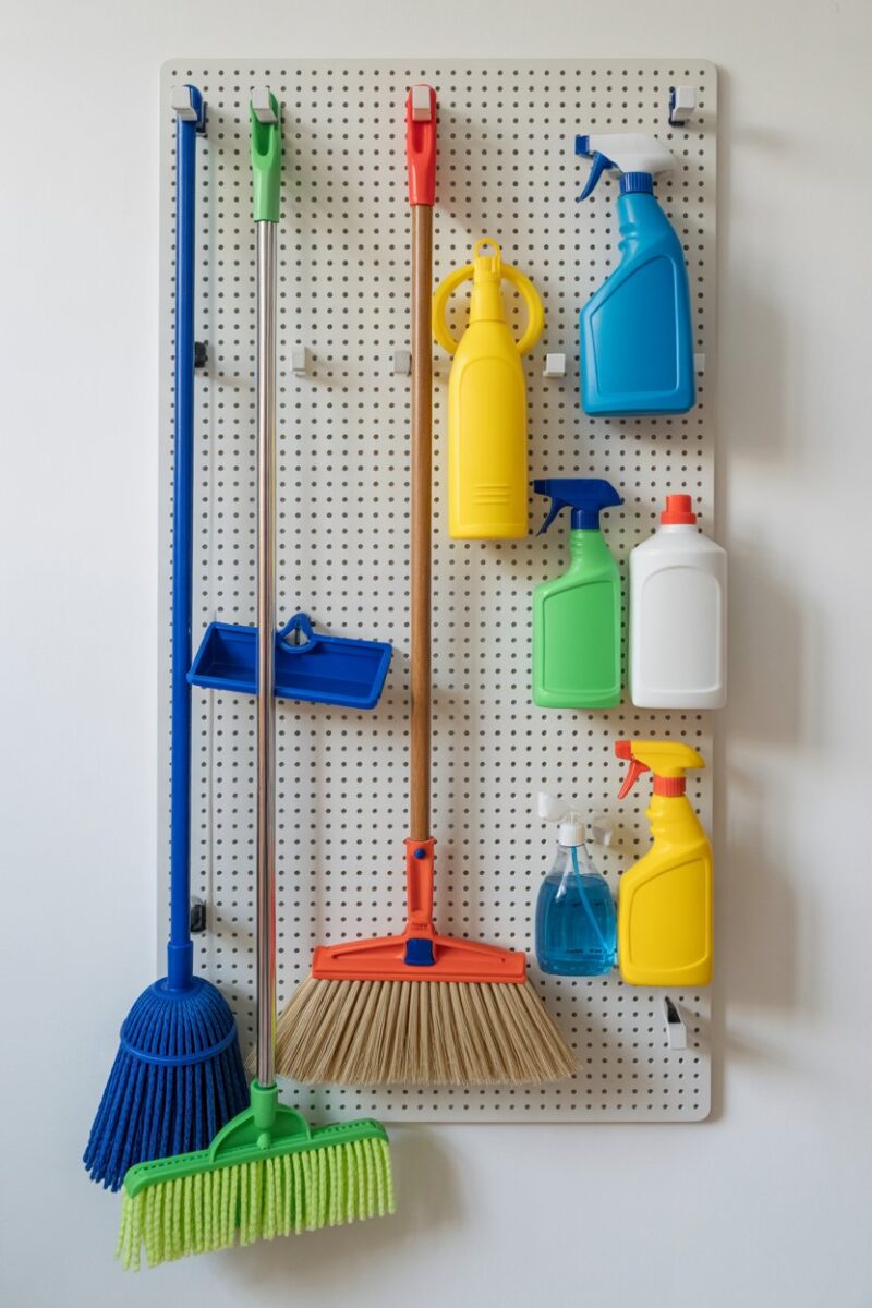 Pegboard displaying various cleaning tools like mops, brooms, and spray bottles.