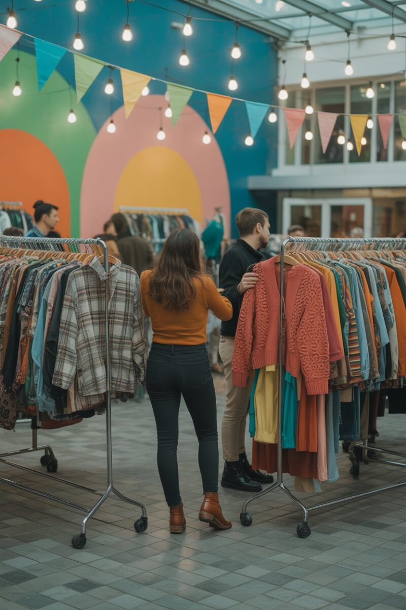 People participating in a clothing swap event, surrounded by colorful clothing and a vibrant atmosphere.