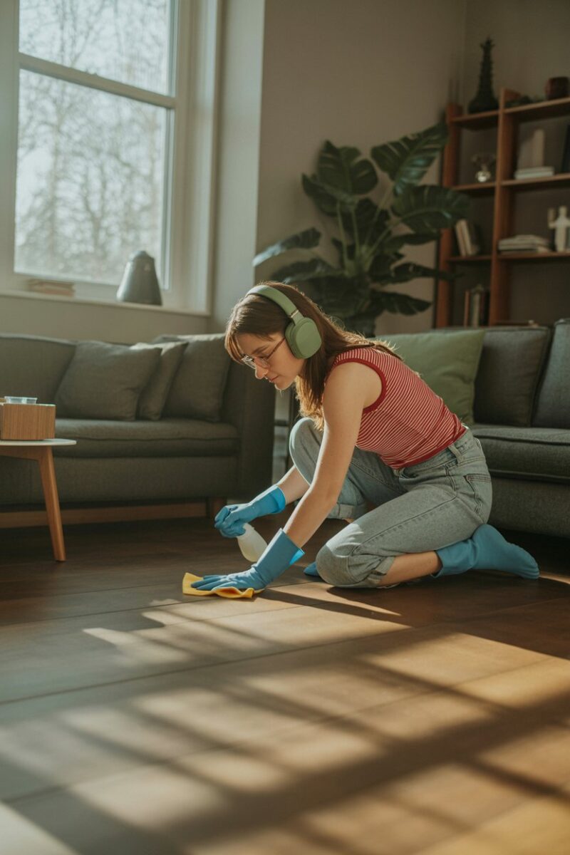 Person cleaning while listening to music on headphones