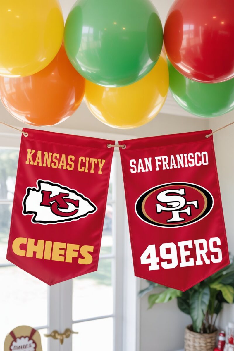 Personalized team banners hanging with colorful balloons at a football party.