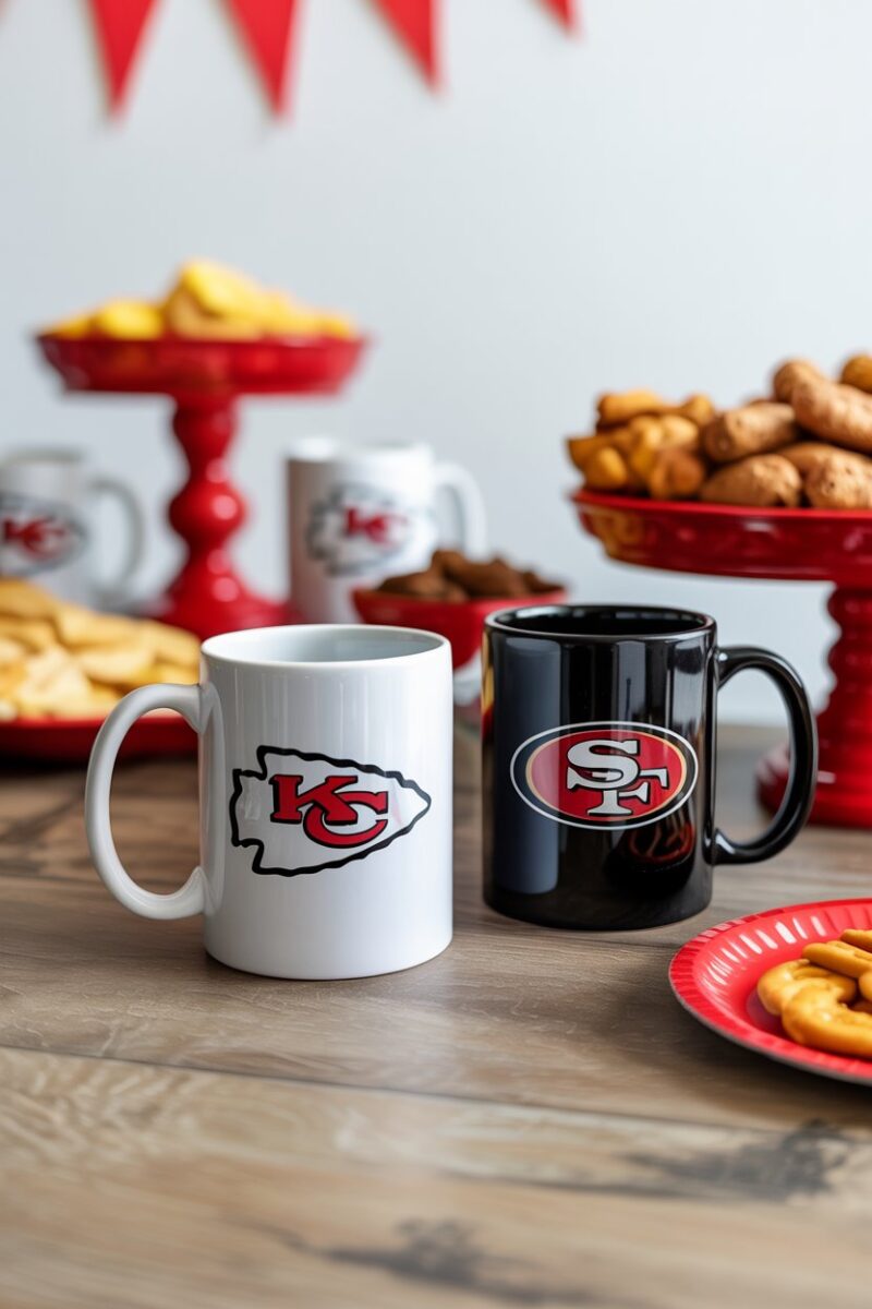 Personalized team mugs on a party table with snacks and decorations.