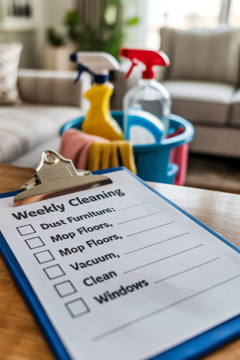 A checklist for weekly deep cleaning tasks with cleaning supplies in the background.