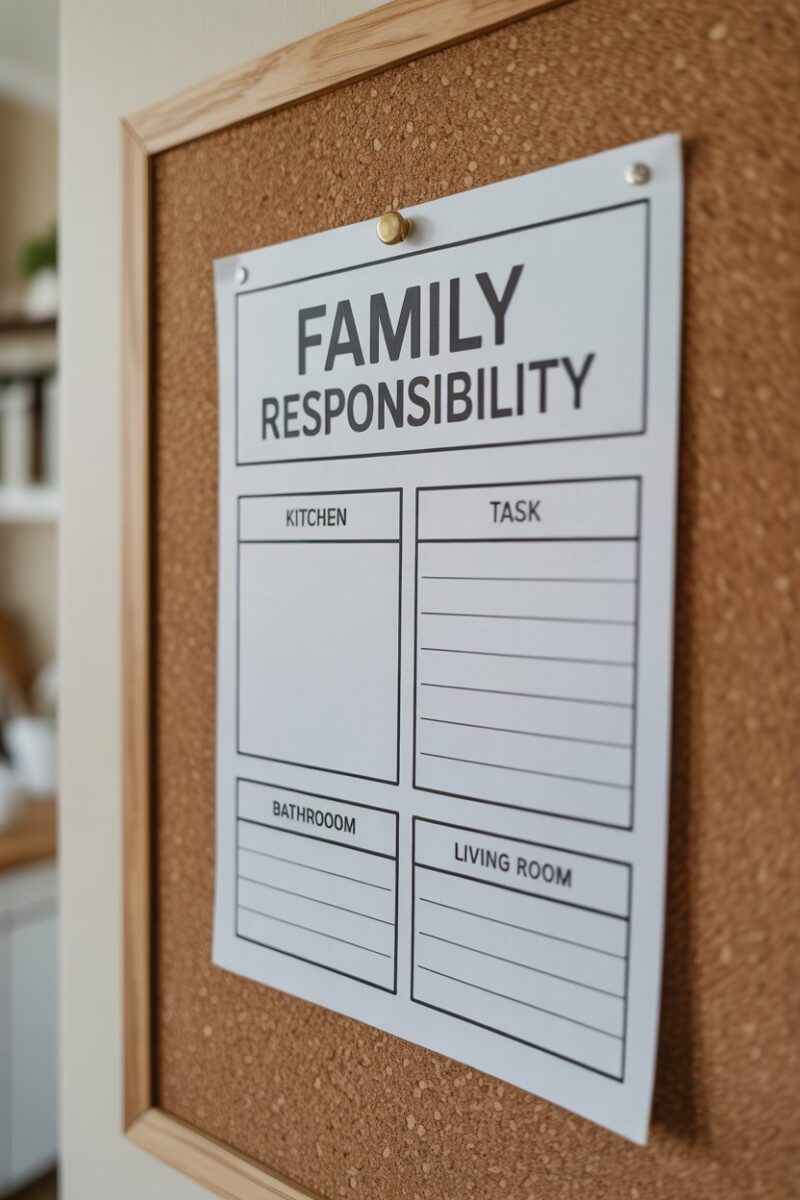 A family responsibility chart for cleaning supplies on a corkboard.