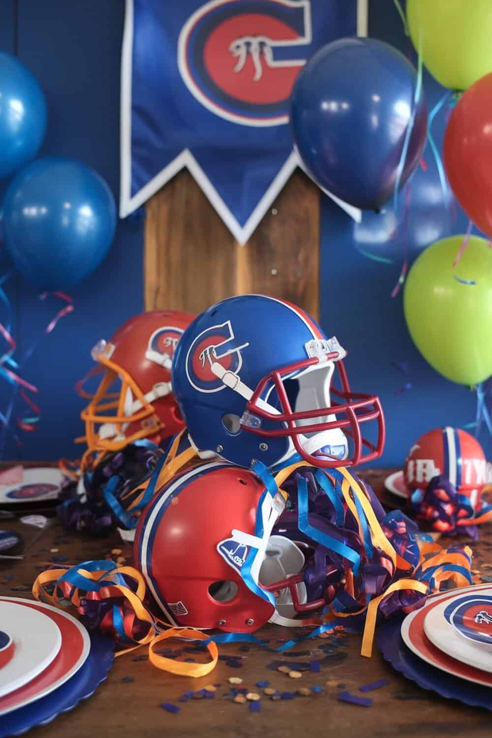 Table centerpieces featuring mini football helmets, colorful streamers, and party decorations for a Super Bowl party.