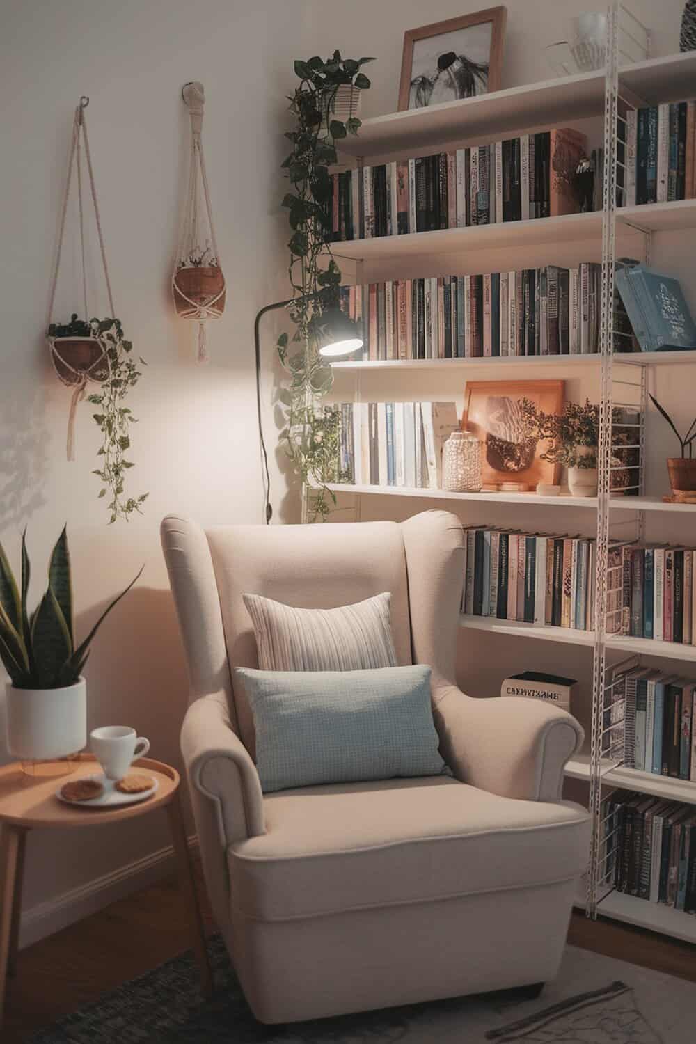 A cozy reading nook featuring a comfortable chair, bookshelves filled with books, and decorative plants.