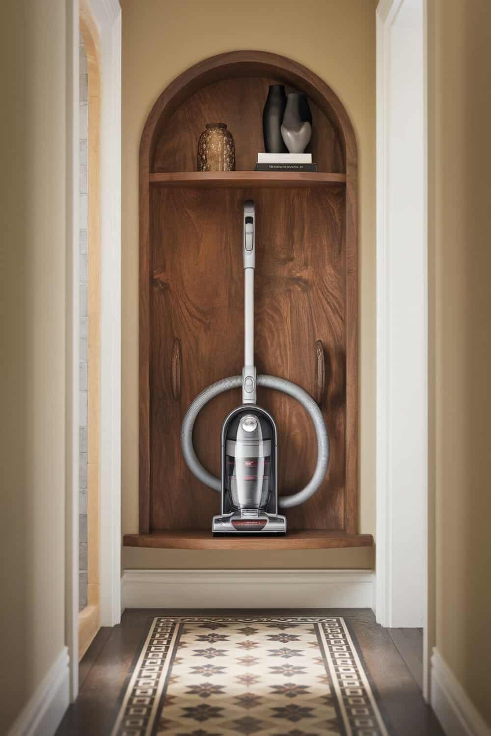 A vacuum cleaner stored in a stylish wooden nook in a hallway.