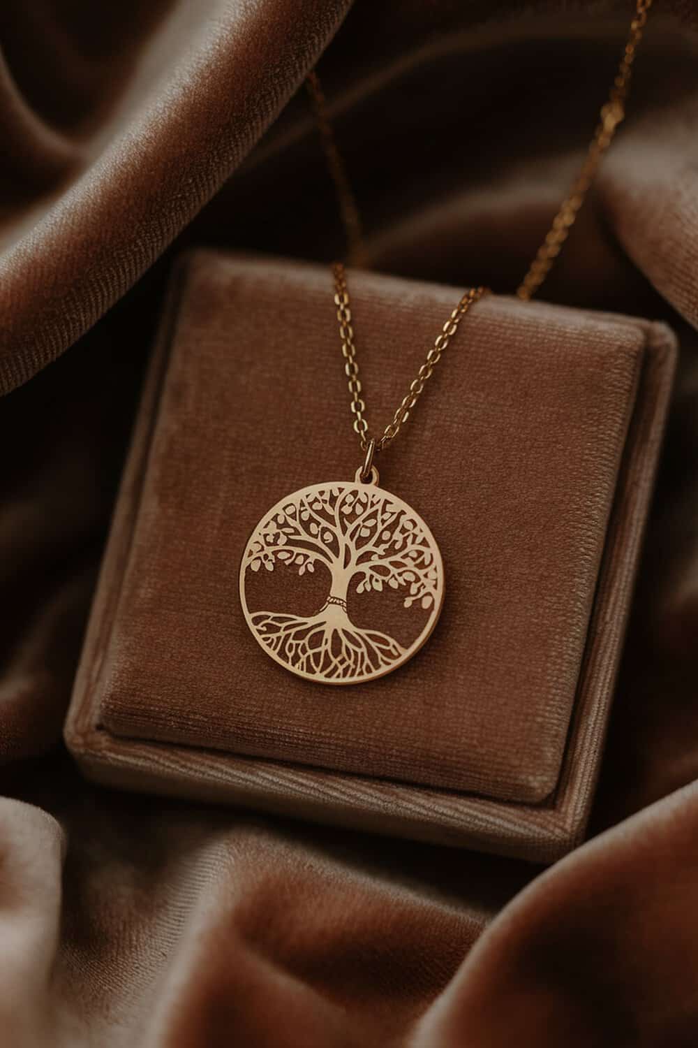 A custom engraved jewelry piece featuring a tree design on a gold pendant.