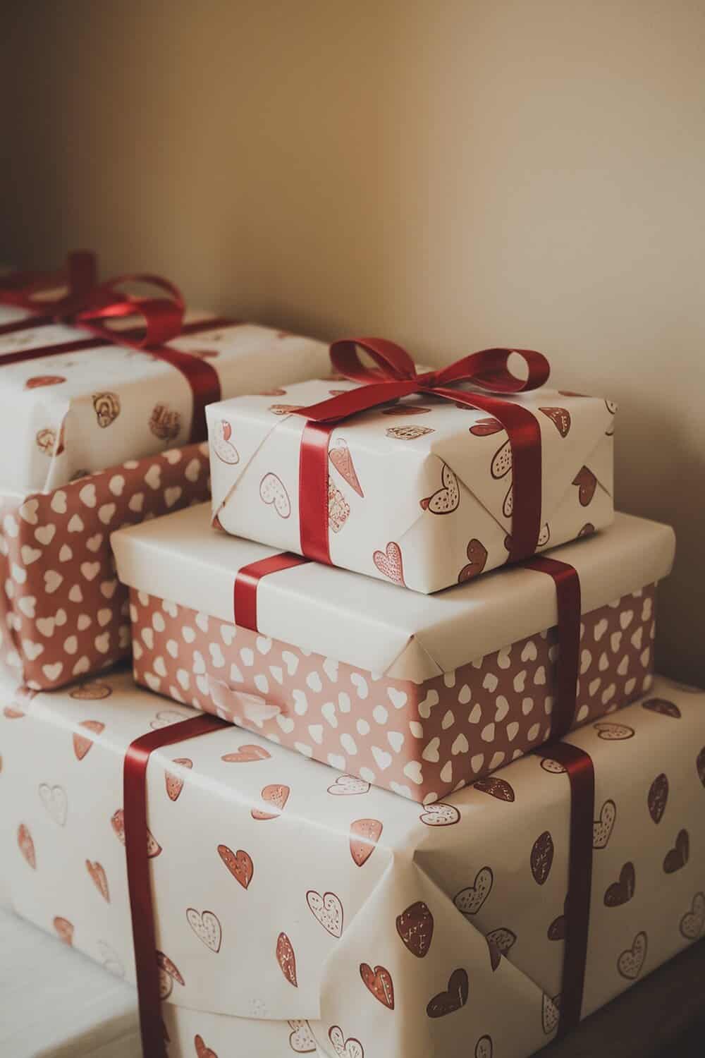 A collection of beautifully wrapped Valentine's Day gifts with heart patterns and red ribbons.