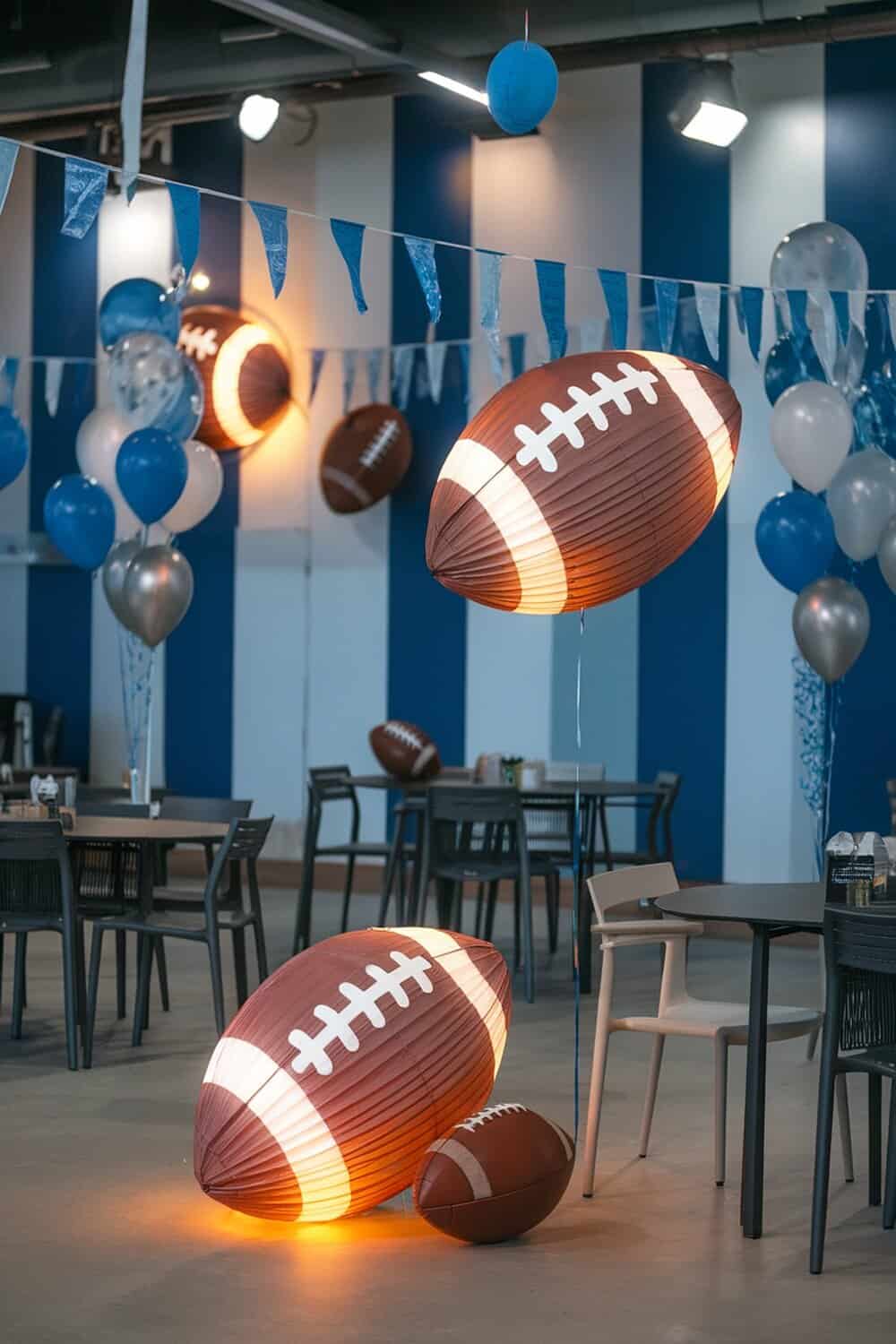 Decorative football lanterns hanging and placed around a party space