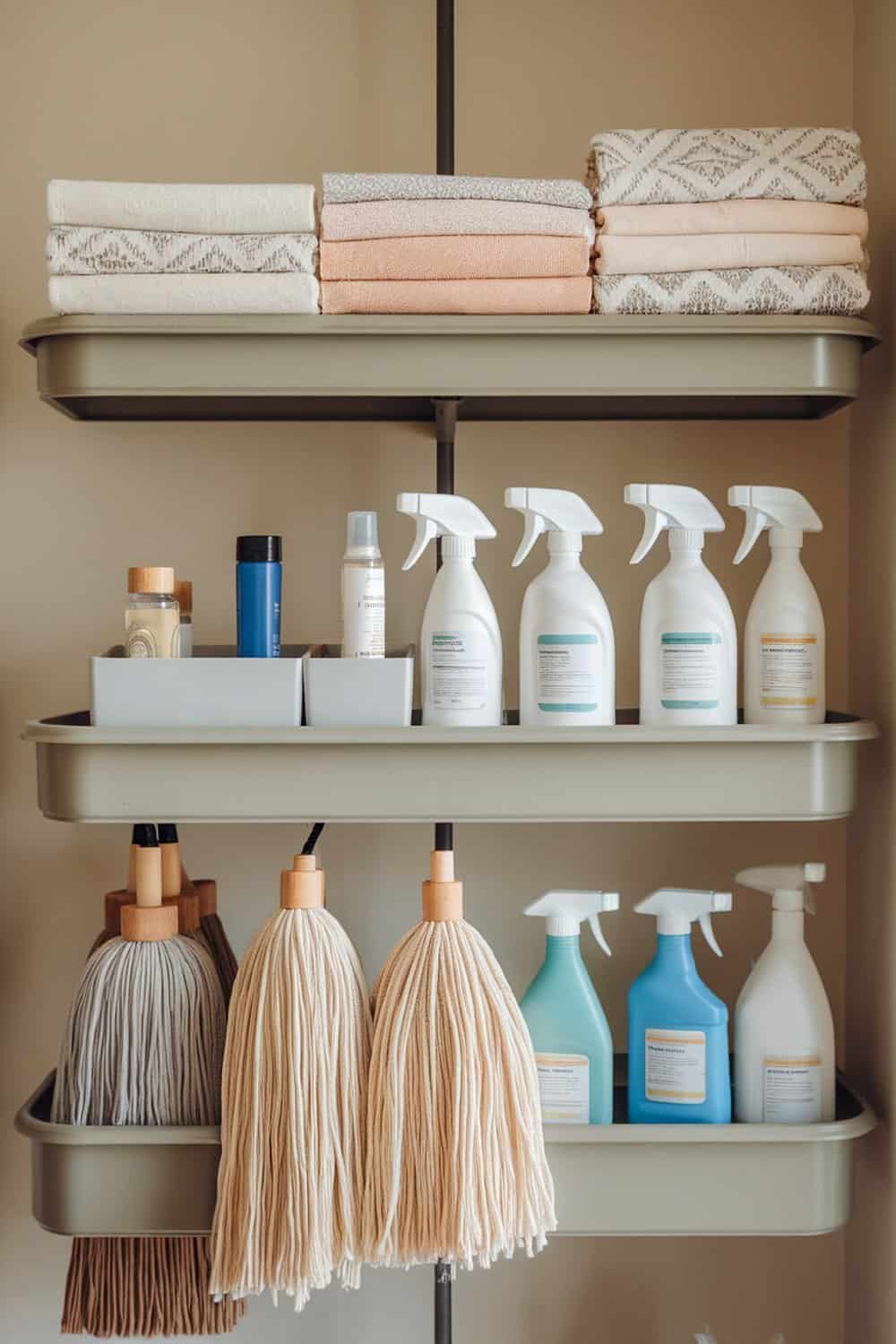 A tiered shelf displaying neatly organized cleaning supplies and towels.