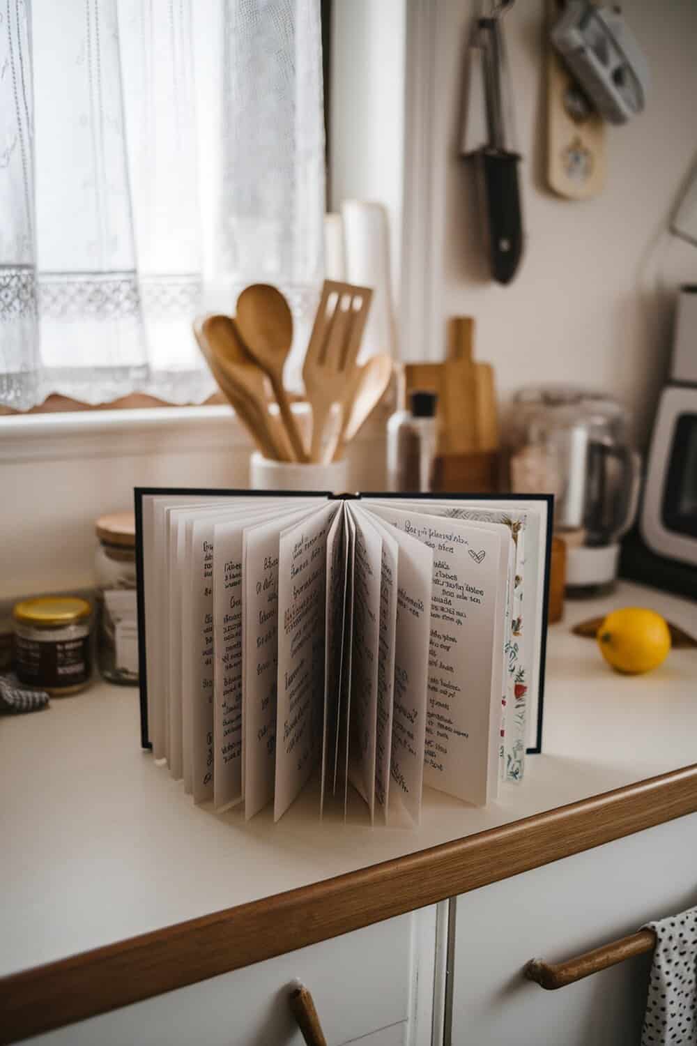A DIY recipe book open on a kitchen counter, surrounded by cooking utensils and ingredients.