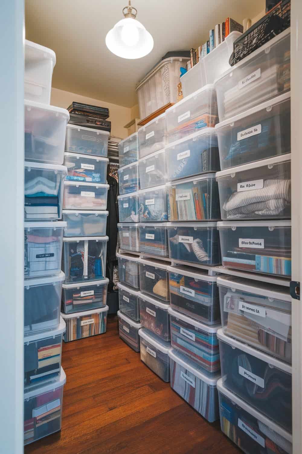 A well-organized closet filled with clear storage boxes, all labeled for easy access.