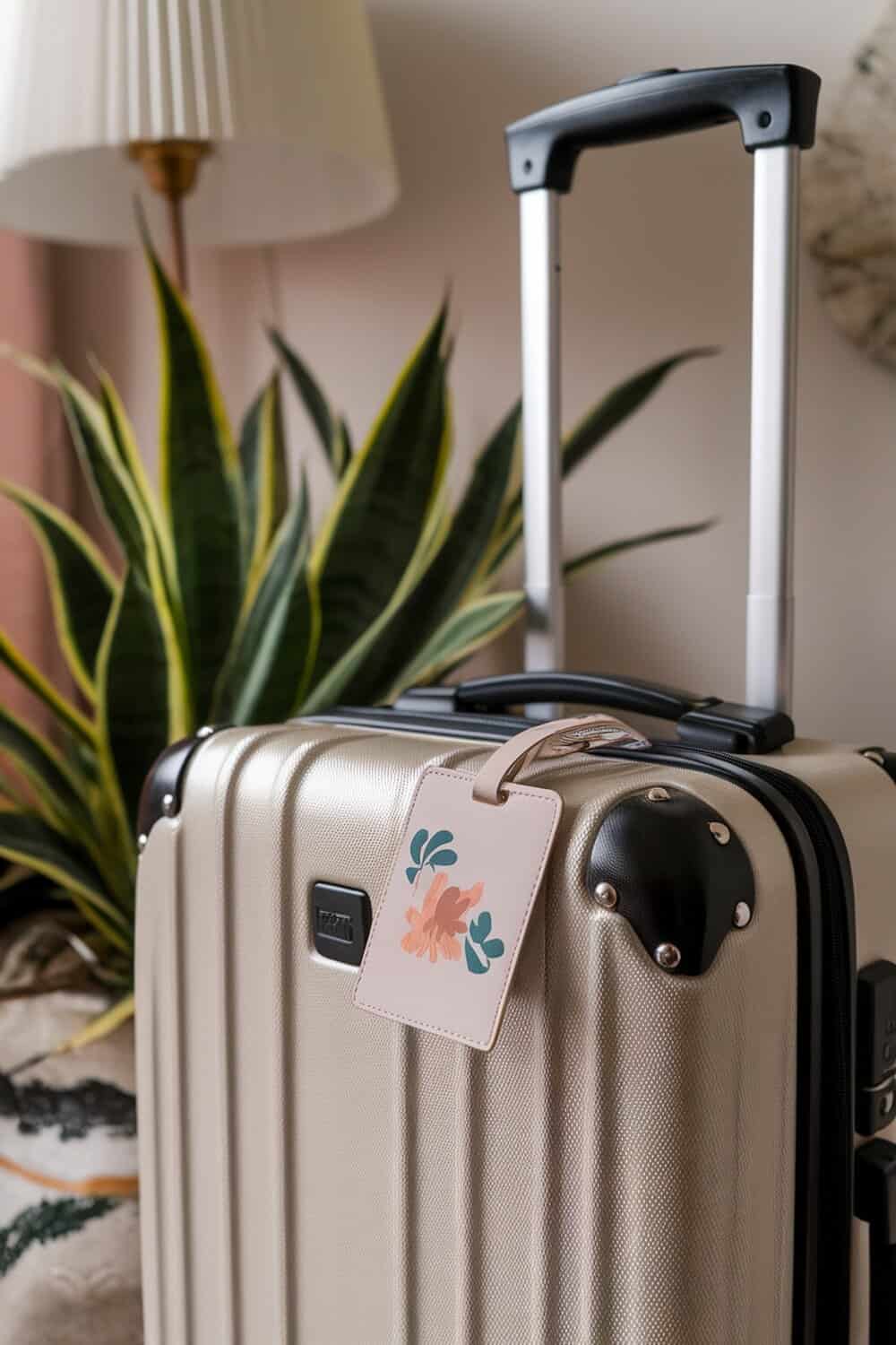 A stylish luggage tag attached to a suitcase, featuring floral designs.