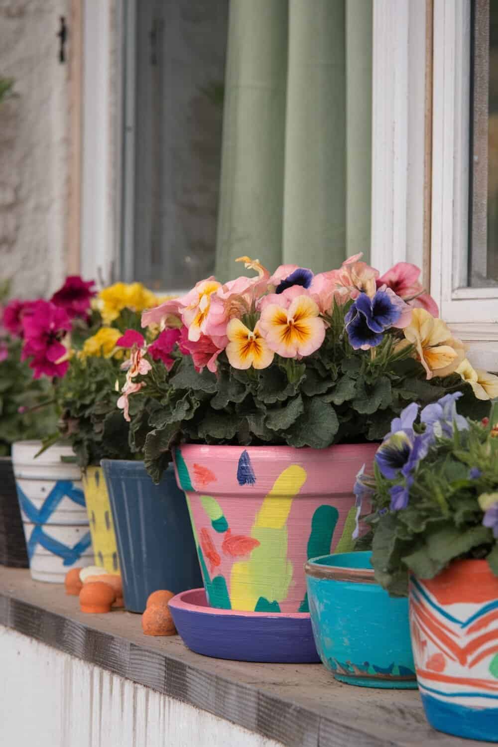 Colorful hand-painted flower pots with flowers on a windowsill.