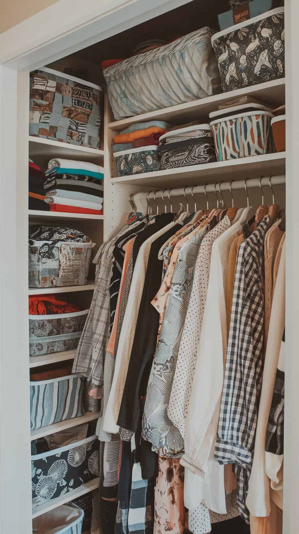 A well-organized closet with colorful fabric bins and neatly hung clothes.