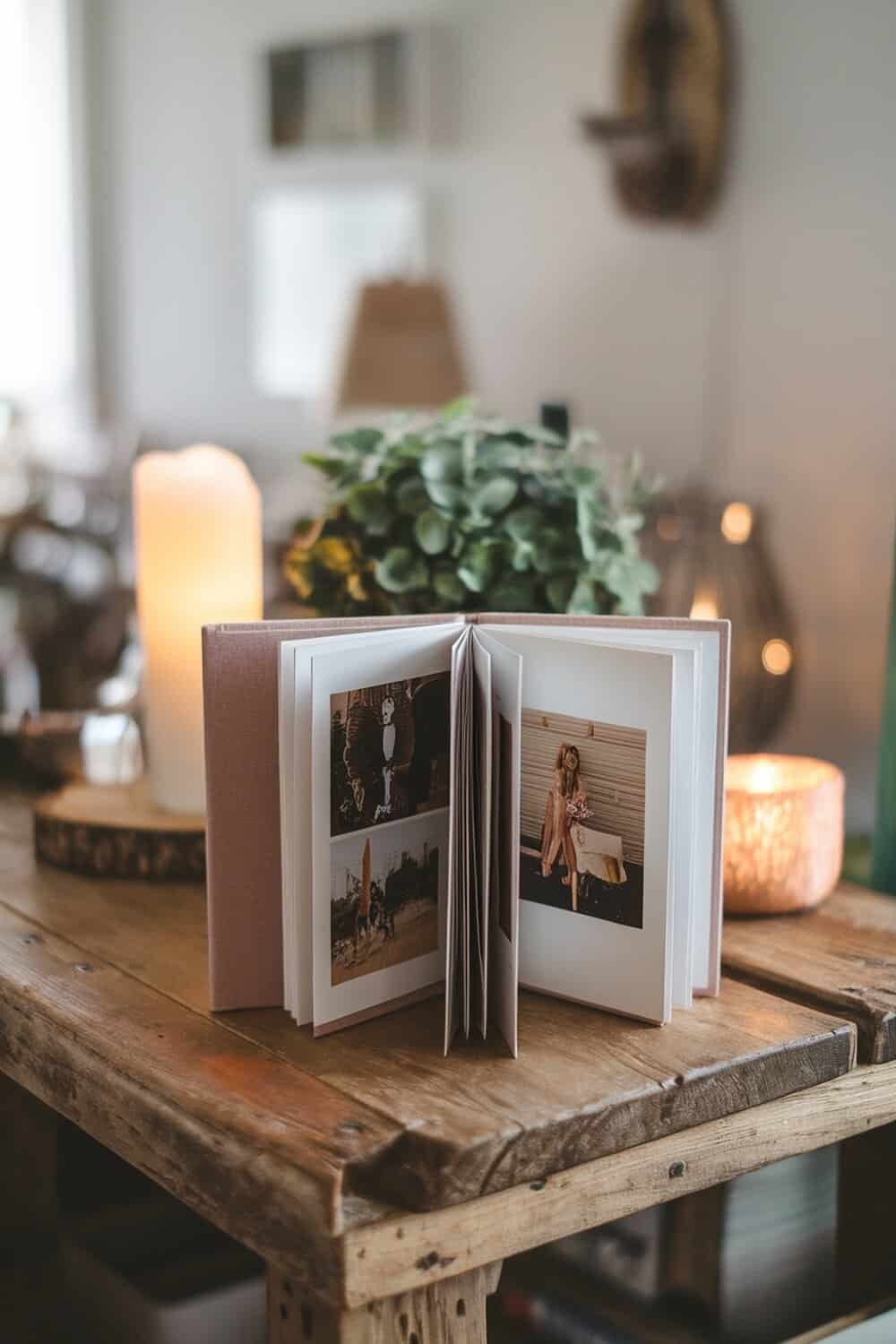 A personalized photo album displayed on a wooden table with candles and plants.