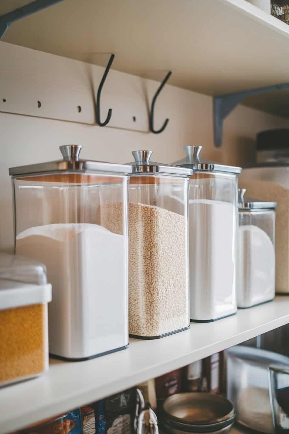 A shelf with clear canisters filled with various pantry items.