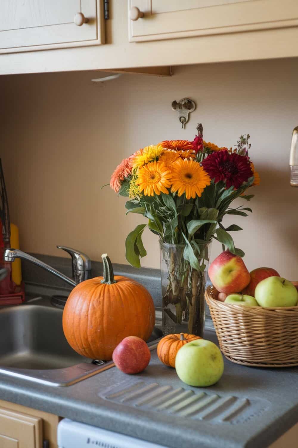 A kitchen sink area decorated with a pumpkin, apples, and a bouquet of flowers.