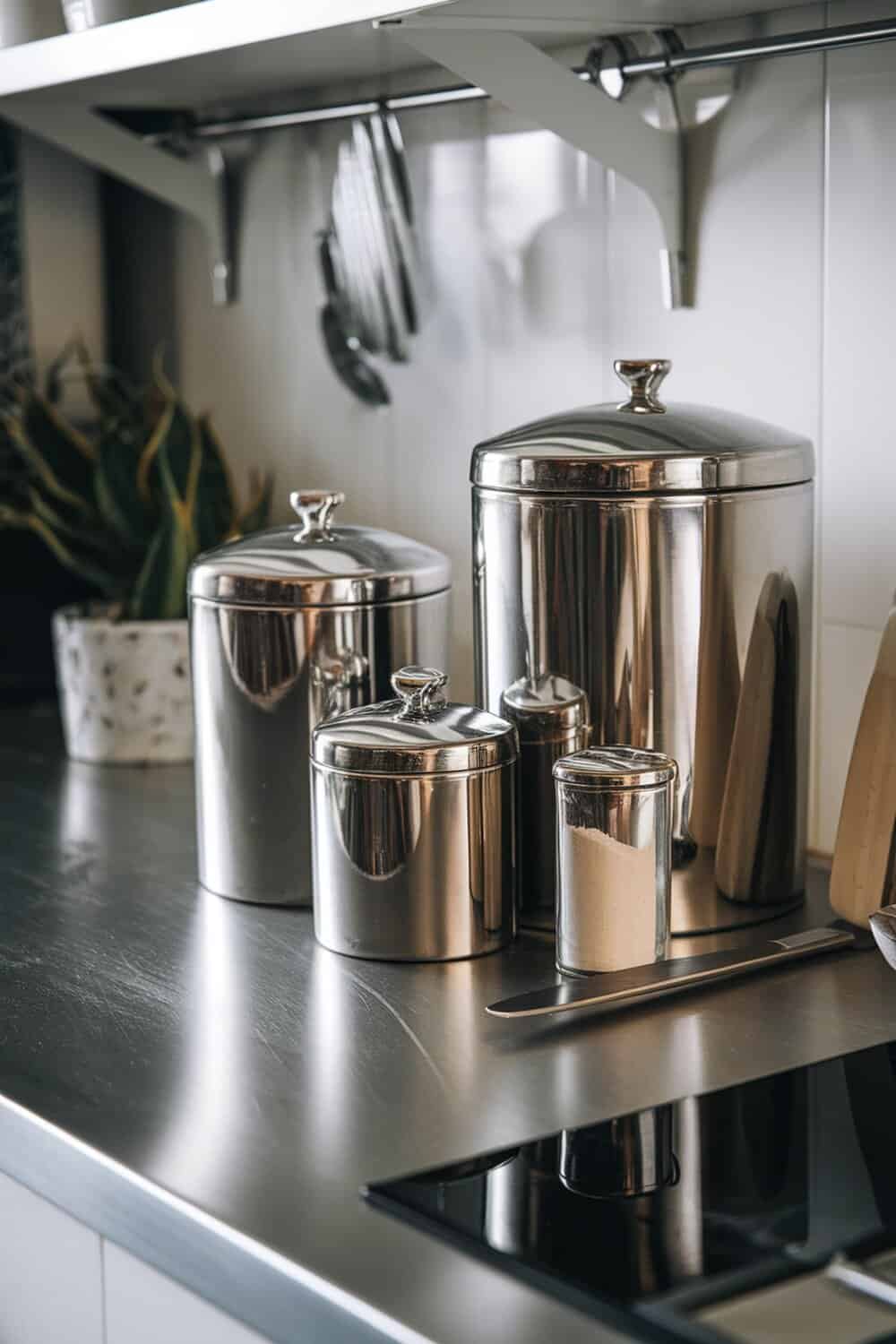 A collection of sleek stainless steel canisters on a kitchen countertop.