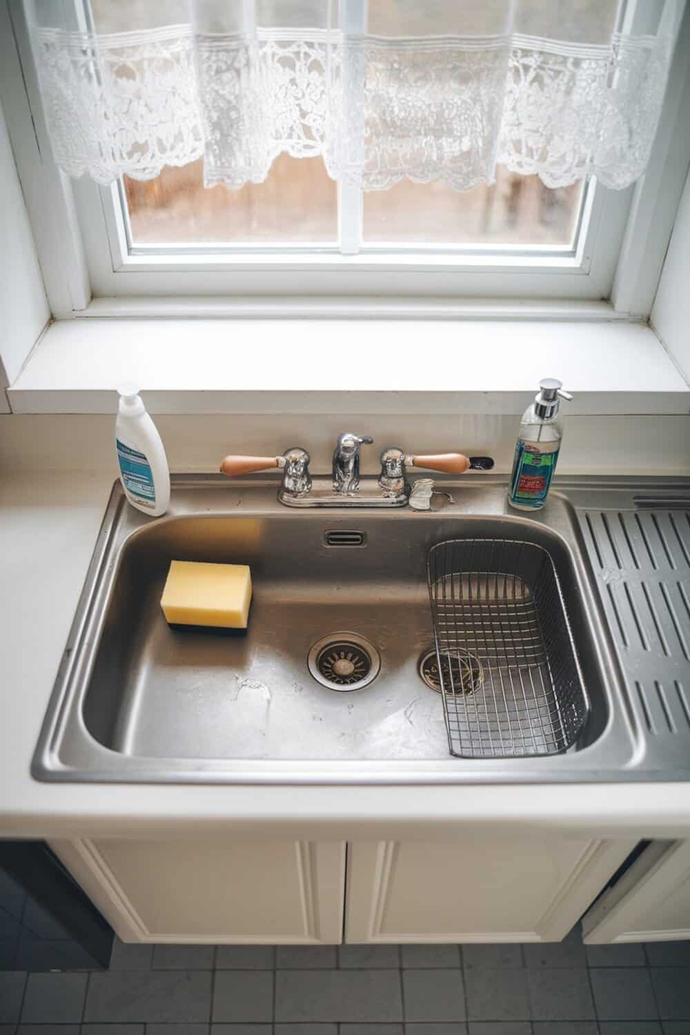 A clean kitchen sink with a sponge and dish soap, ready for organization.