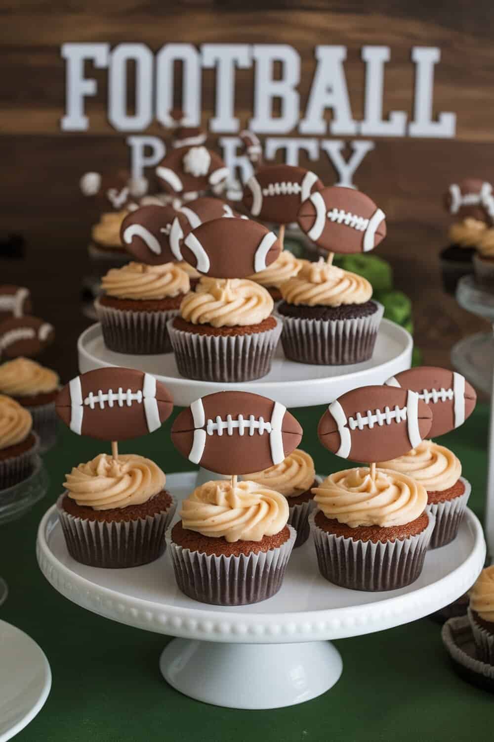 Cupcakes topped with football-shaped decorations for a Super Bowl party.