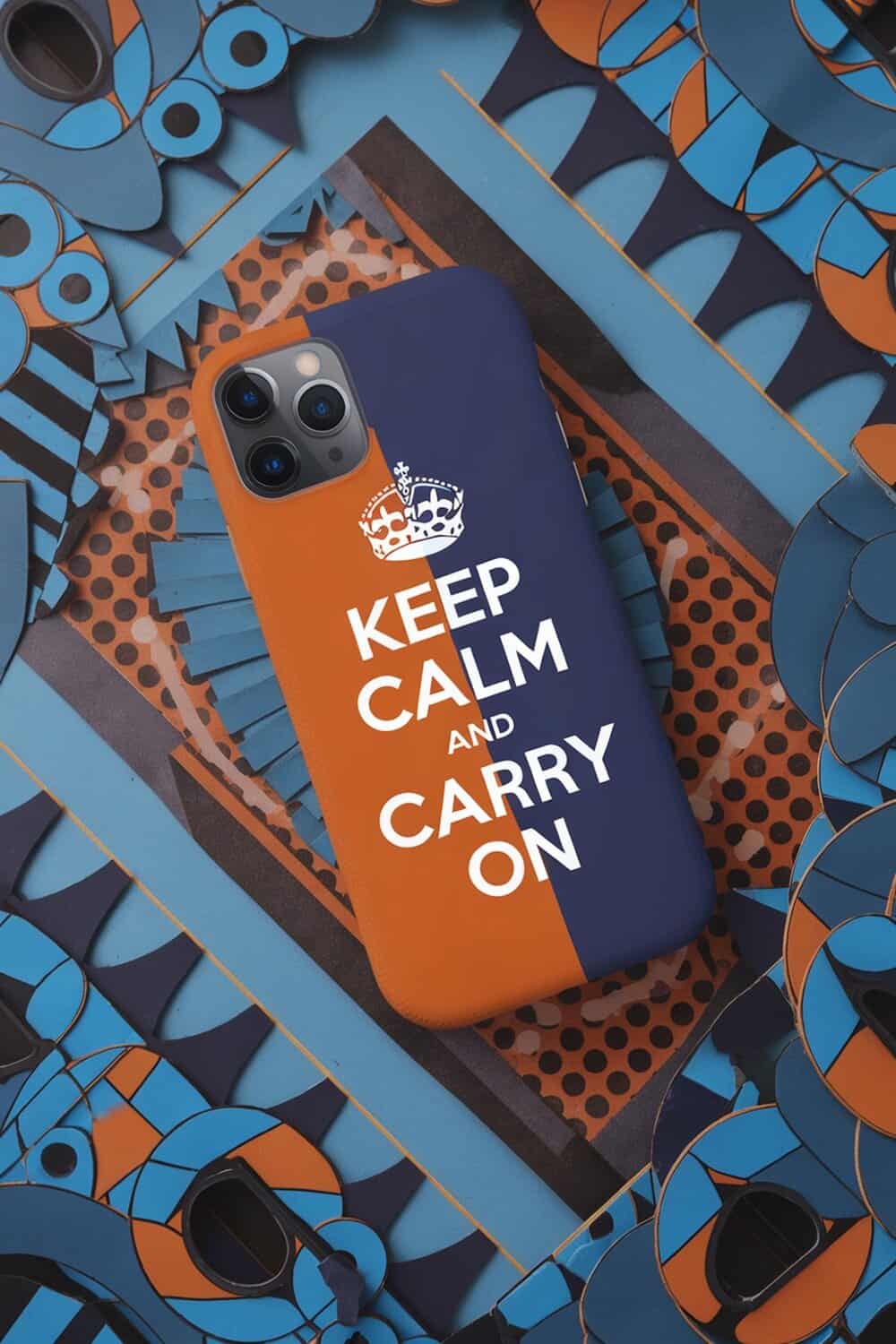 A customized phone case with a 'Keep Calm and Carry On' design on a colorful background.