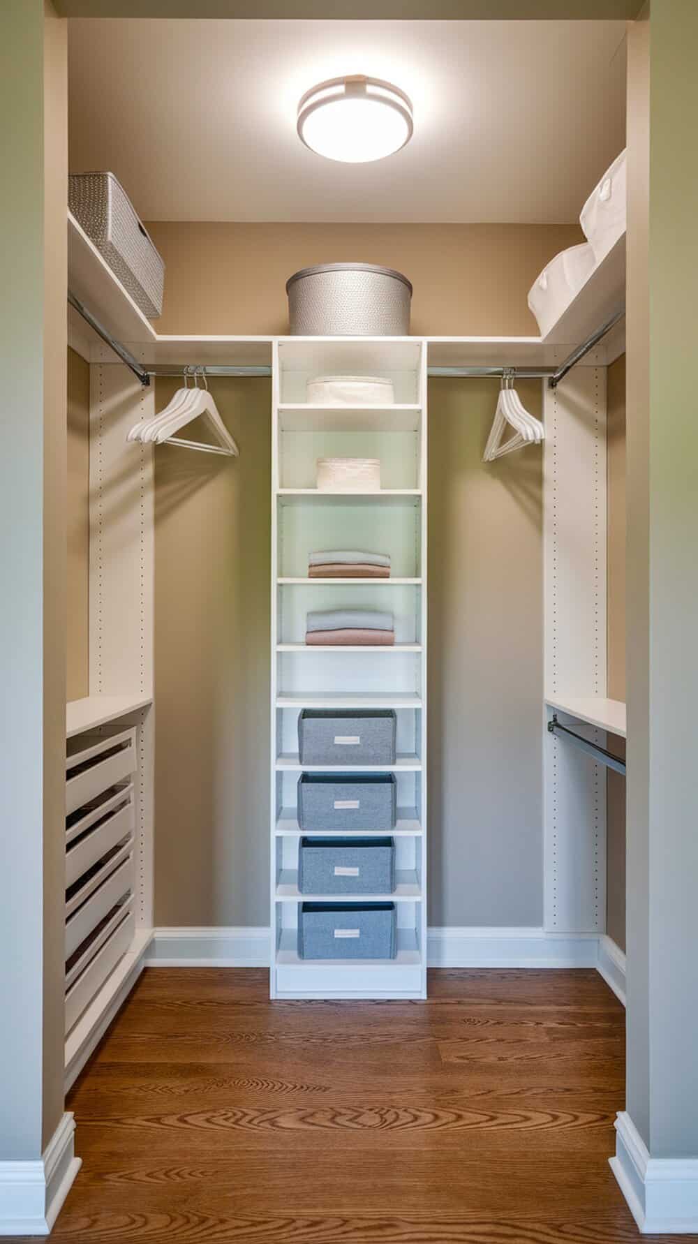 A small closet with custom built-in shelves and storage solutions.