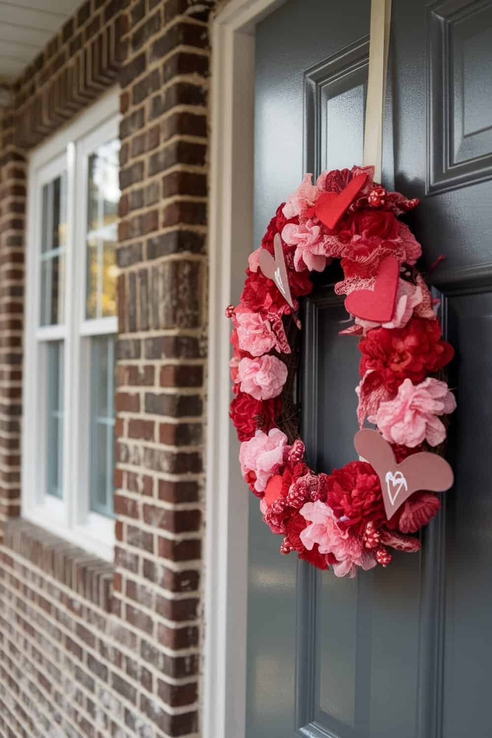 A colorful Valentine's Day wreath made with red and pink flowers and heart shapes, hanging on a door.