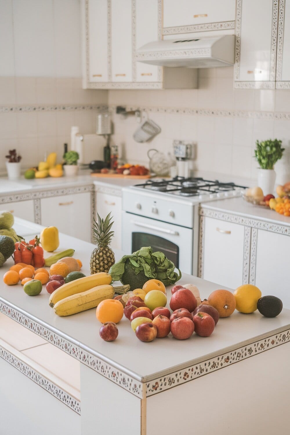 A clean kitchen countertop with a variety of fresh fruits and vegetables arranged neatly.