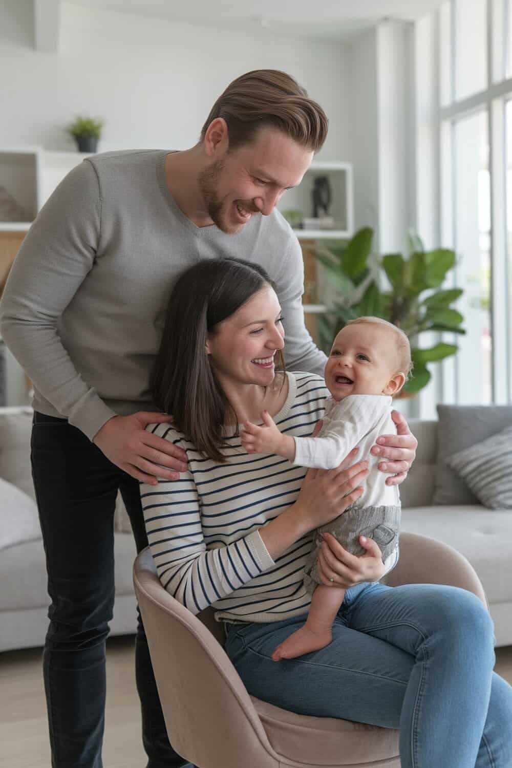 A happy family enjoying time together in a clean, bright living room.