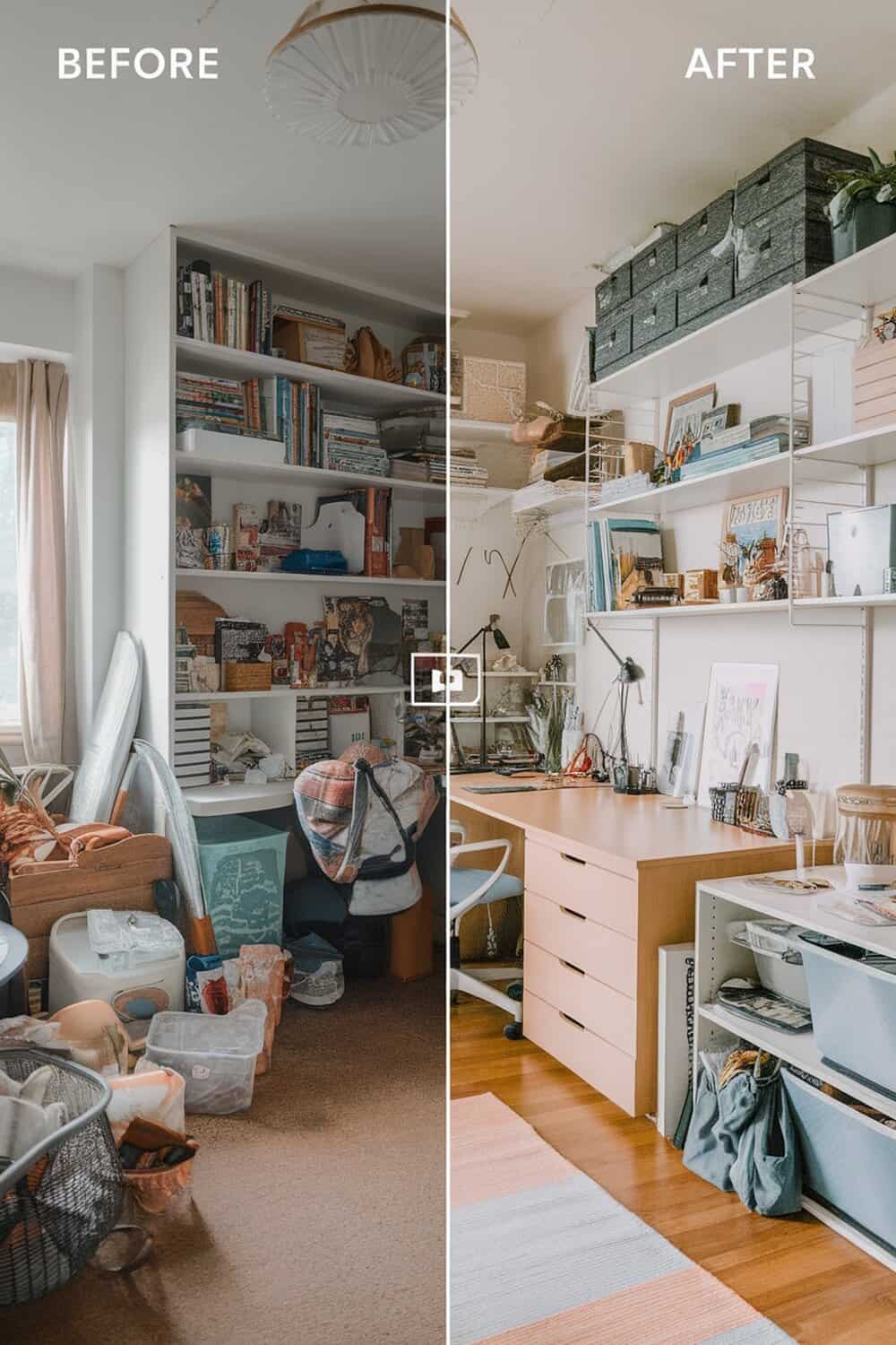 Before and after images of a decluttered room showing a messy space transformed into an organized area.