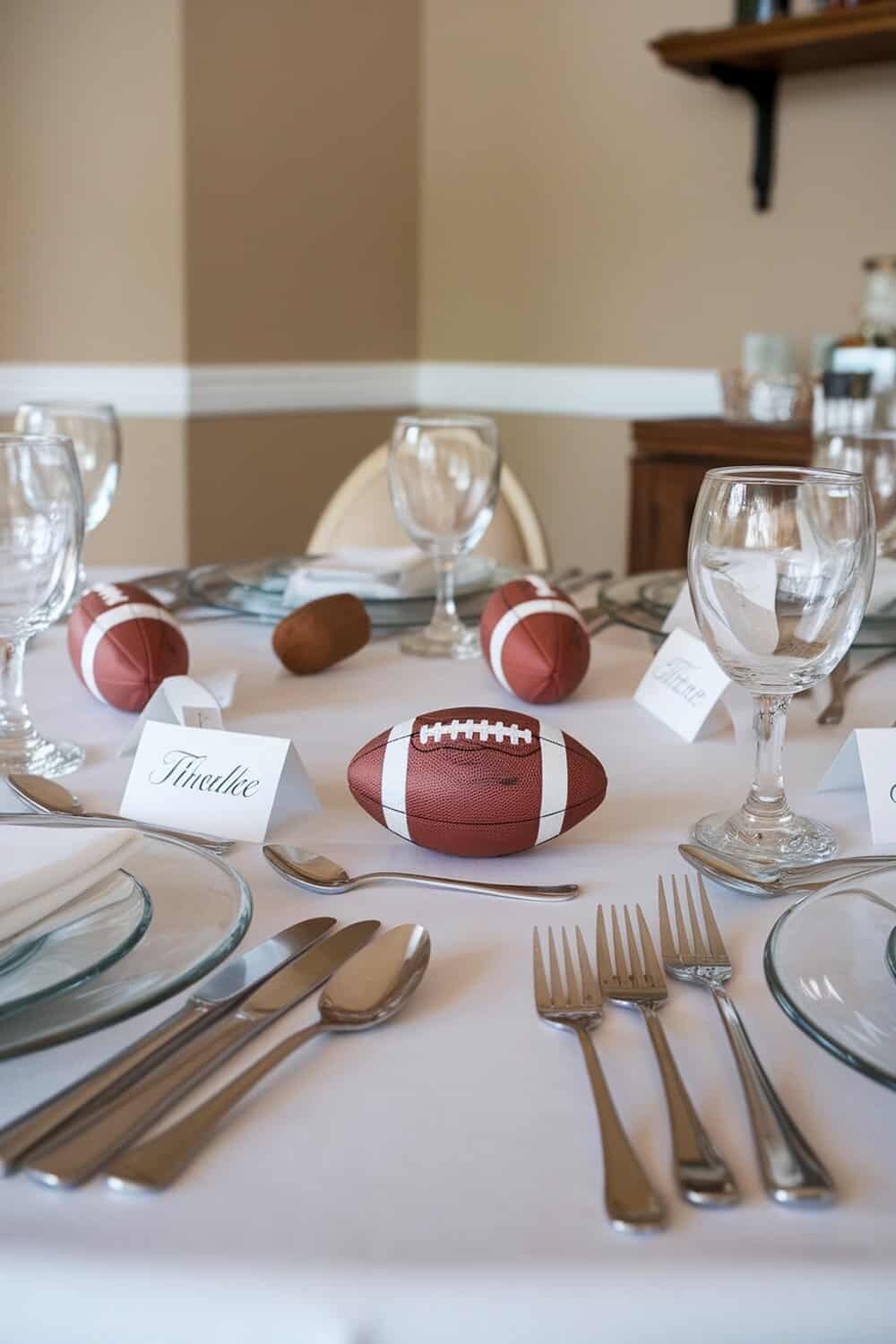 Table set with mini footballs as place cards and elegant dinnerware.