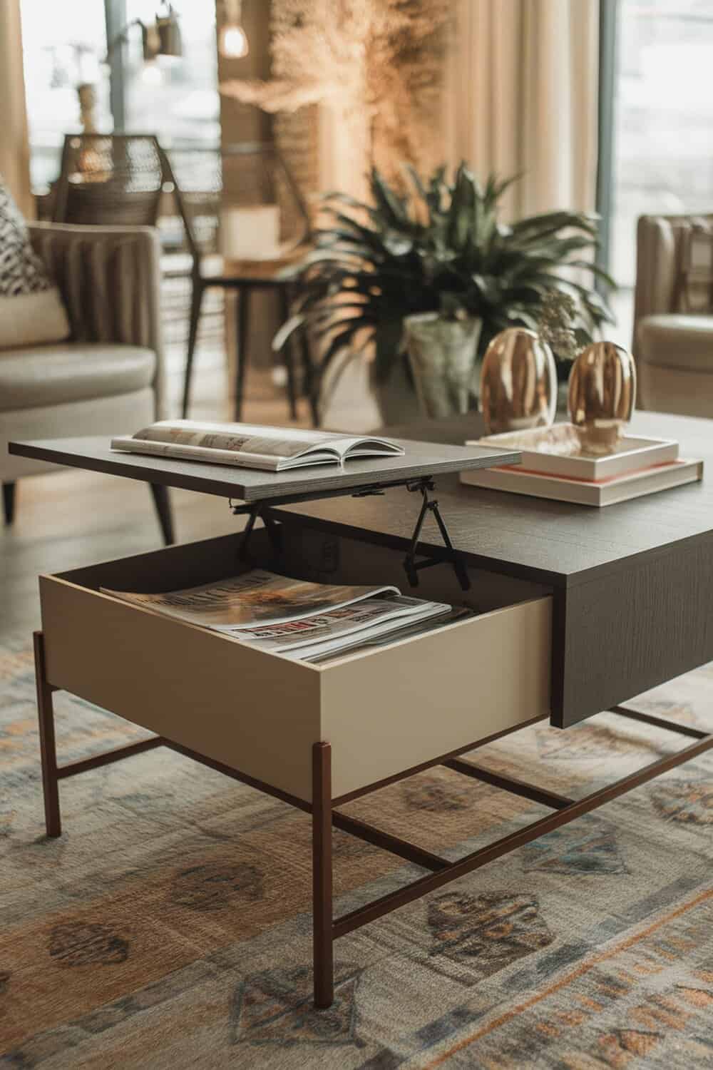A stylish coffee table with a lift-top revealing hidden storage.