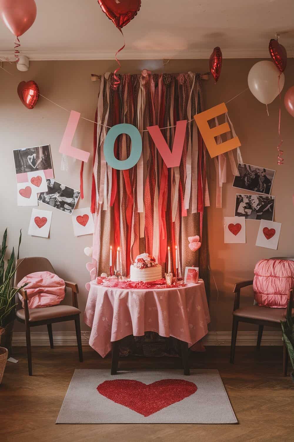 A decorated space for Valentine's Day featuring a colorful 'LOVE' banner, balloons, and heart-themed decorations.