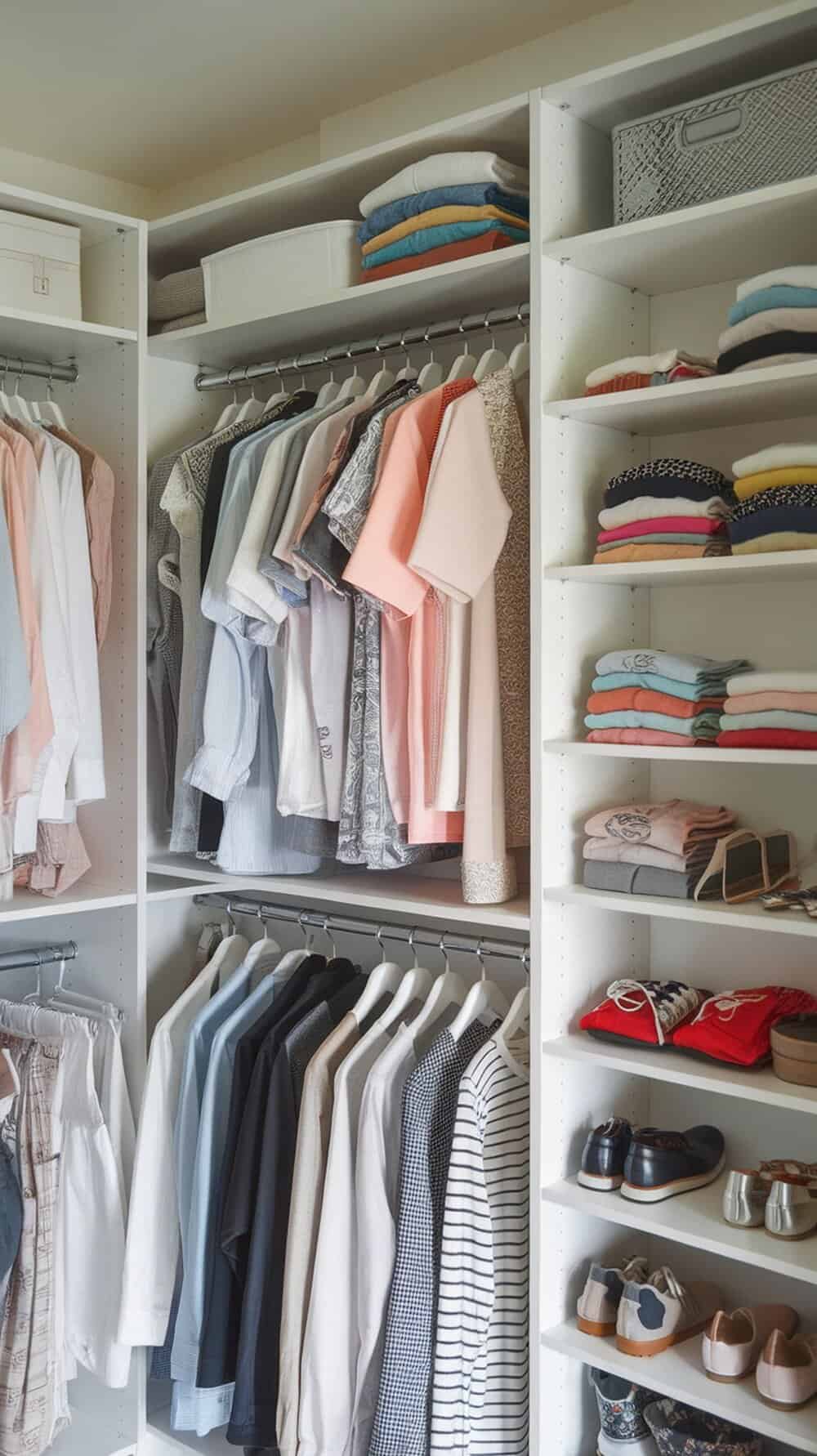A well-organized closet with clothing and shoes neatly arranged on shelves and hangers.