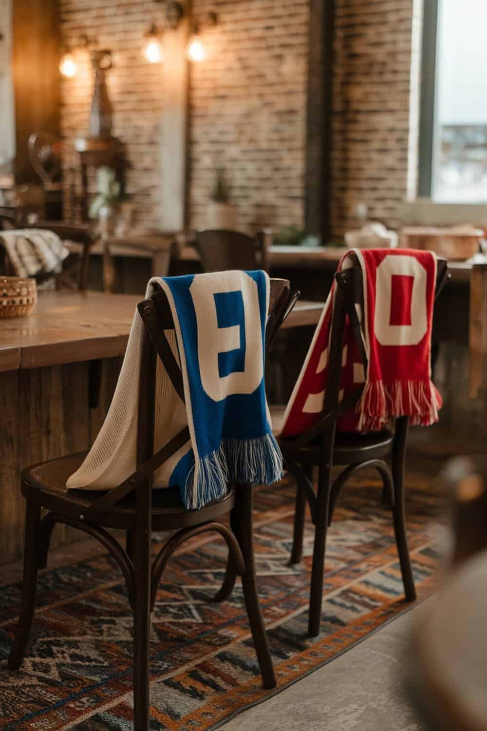 Two colorful team scarves draped over chairs in a cozy setting.