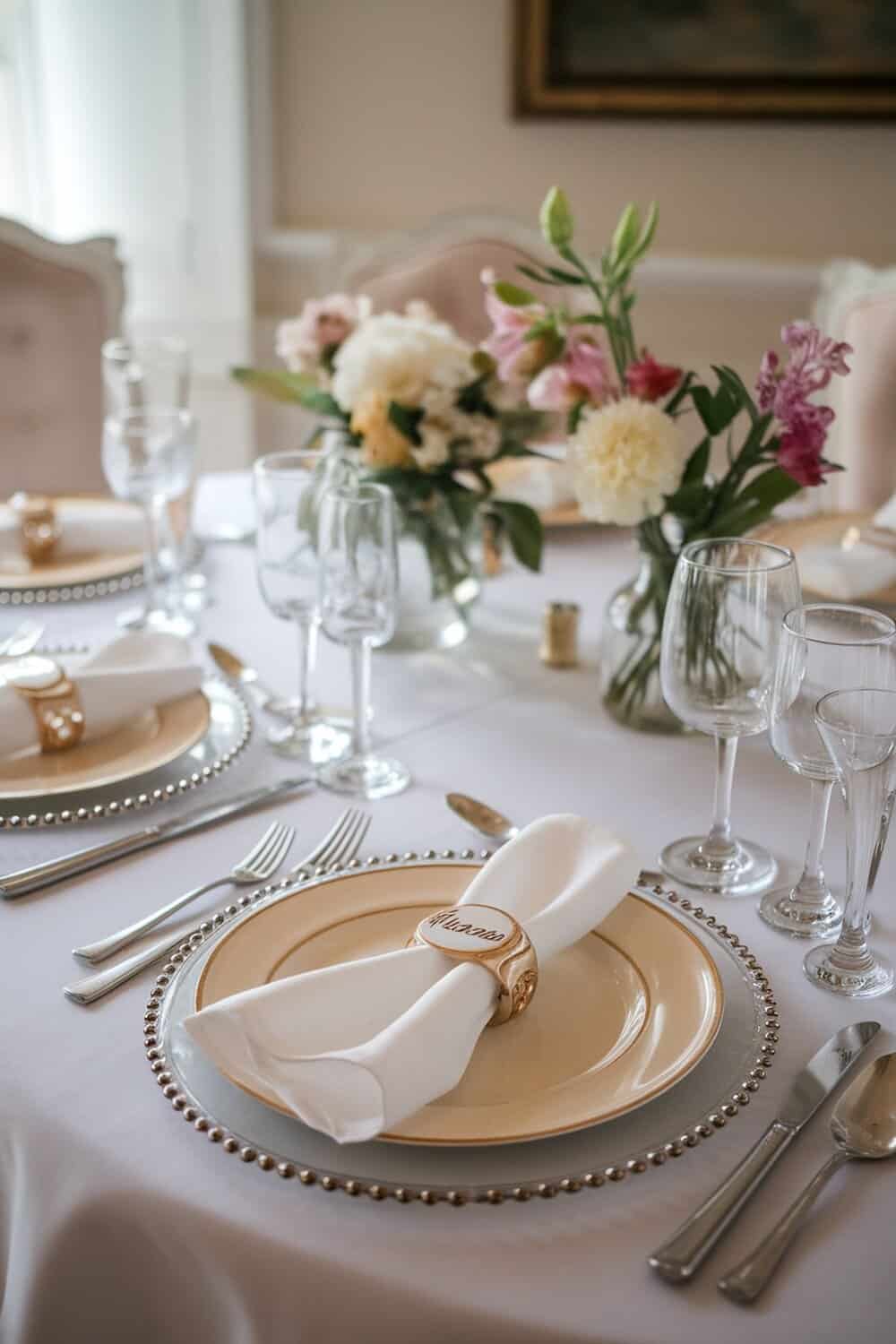 Table setting with personalized napkin rings and elegant decor.