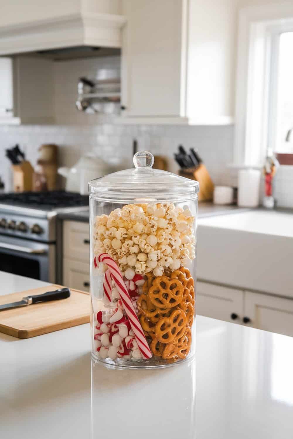 Clear acrylic canister filled with popcorn, pretzels, and candy canes on a kitchen counter.