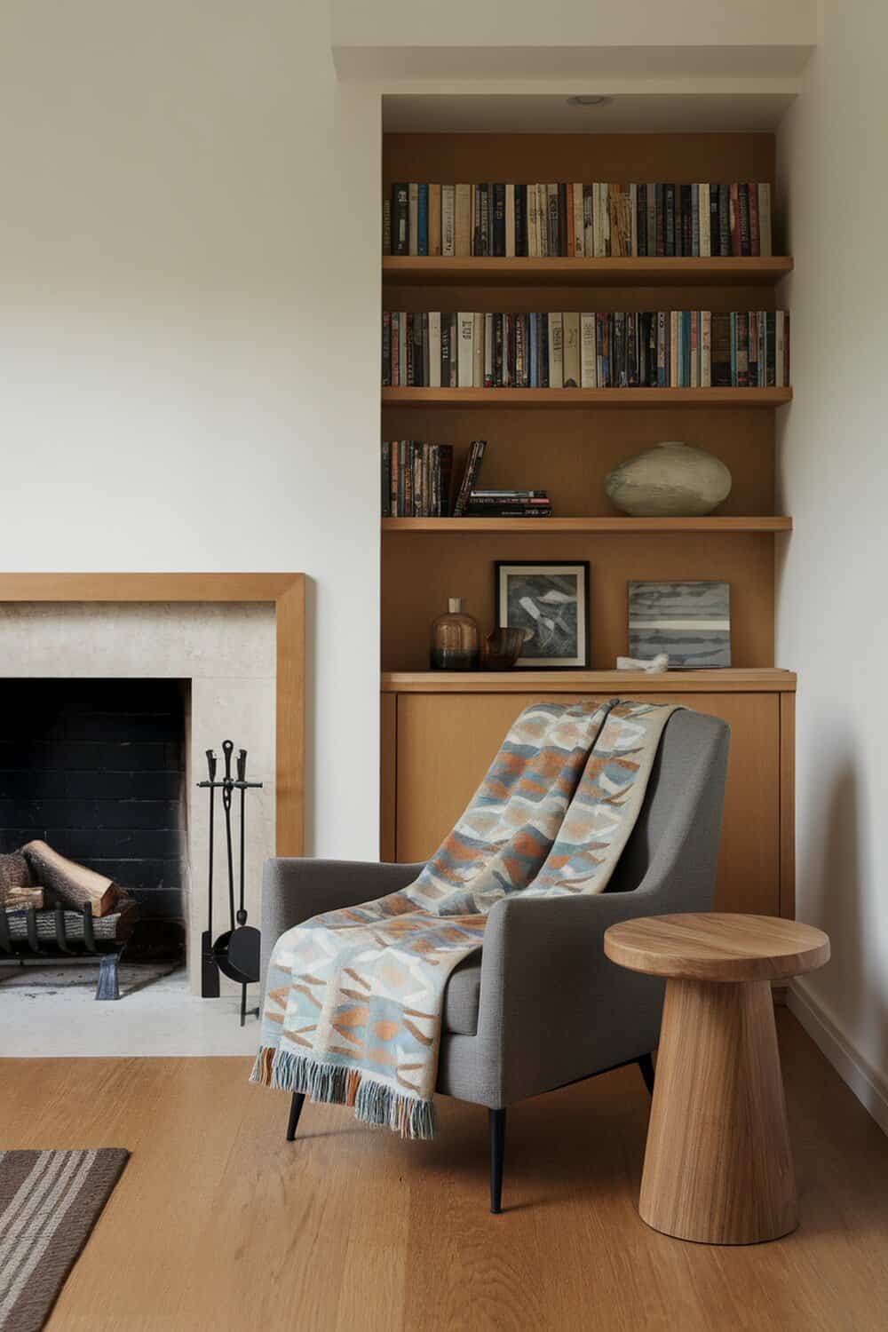 A cozy chair with a colorful throw blanket draped over it, next to a wooden side table and a fireplace.