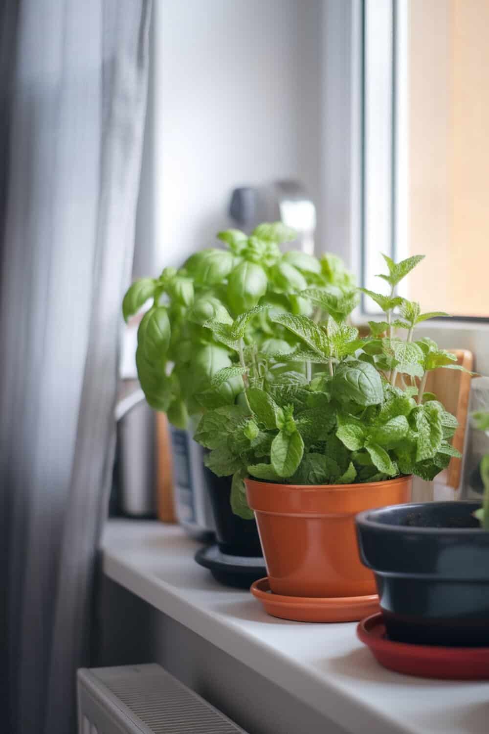 Indoor herb garden with basil and mint plants on a windowsill.