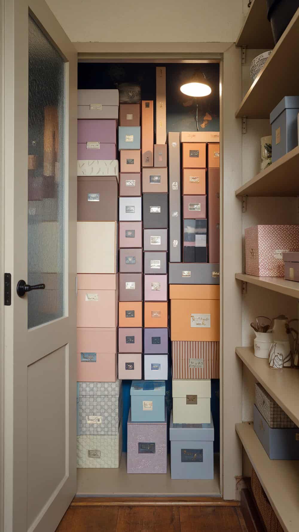 A closet filled with colorful decorative boxes stacked neatly.