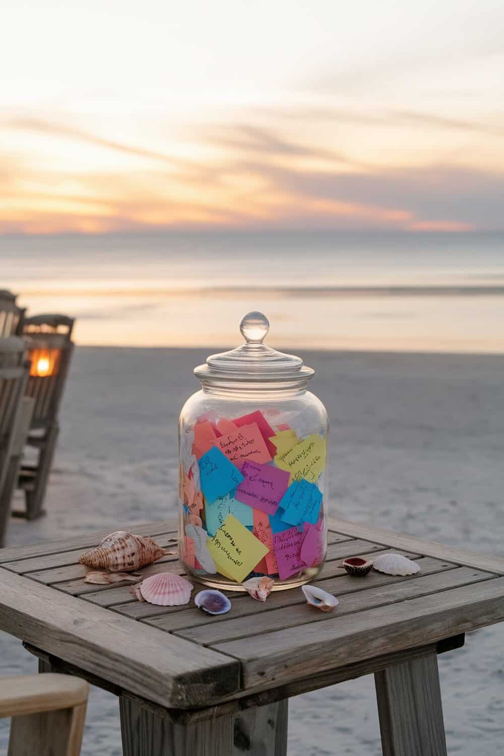 A glass jar filled with colorful notes on a wooden table by the beach at sunset.