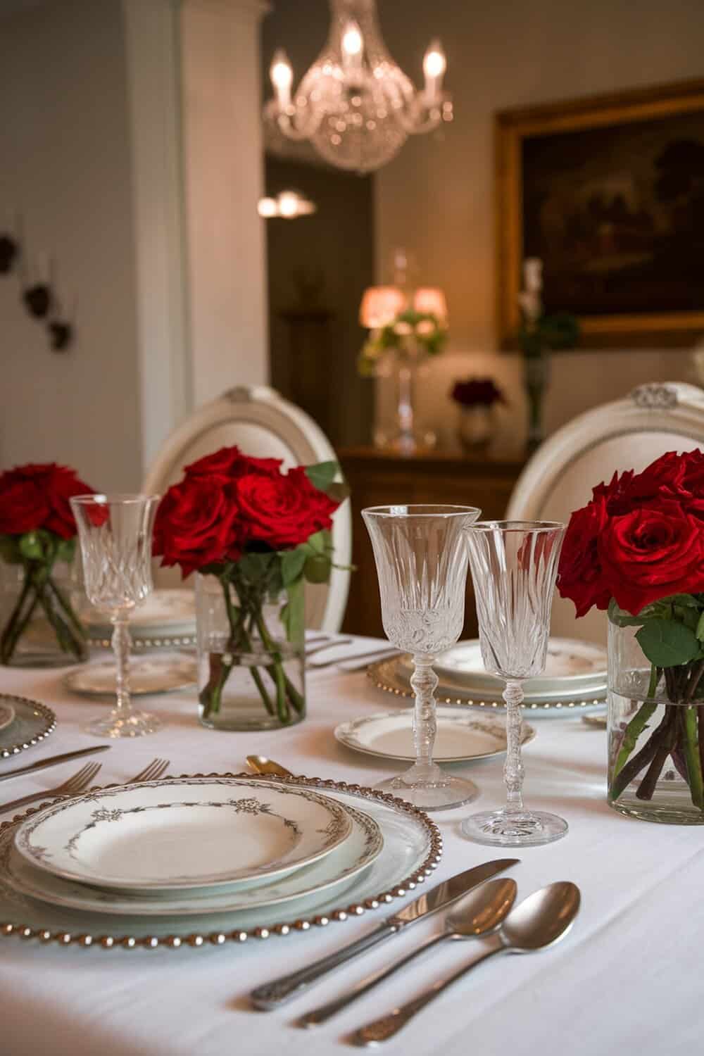 A beautifully set table for Valentine's Day featuring red roses, crystal glassware, and elegant plates.
