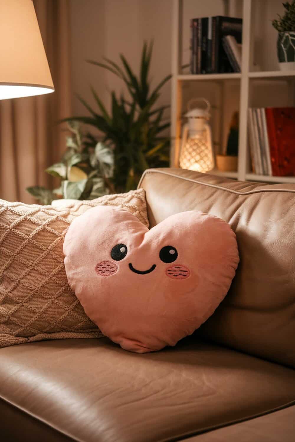 A cute heart-shaped pillow with a smiling face on a couch.