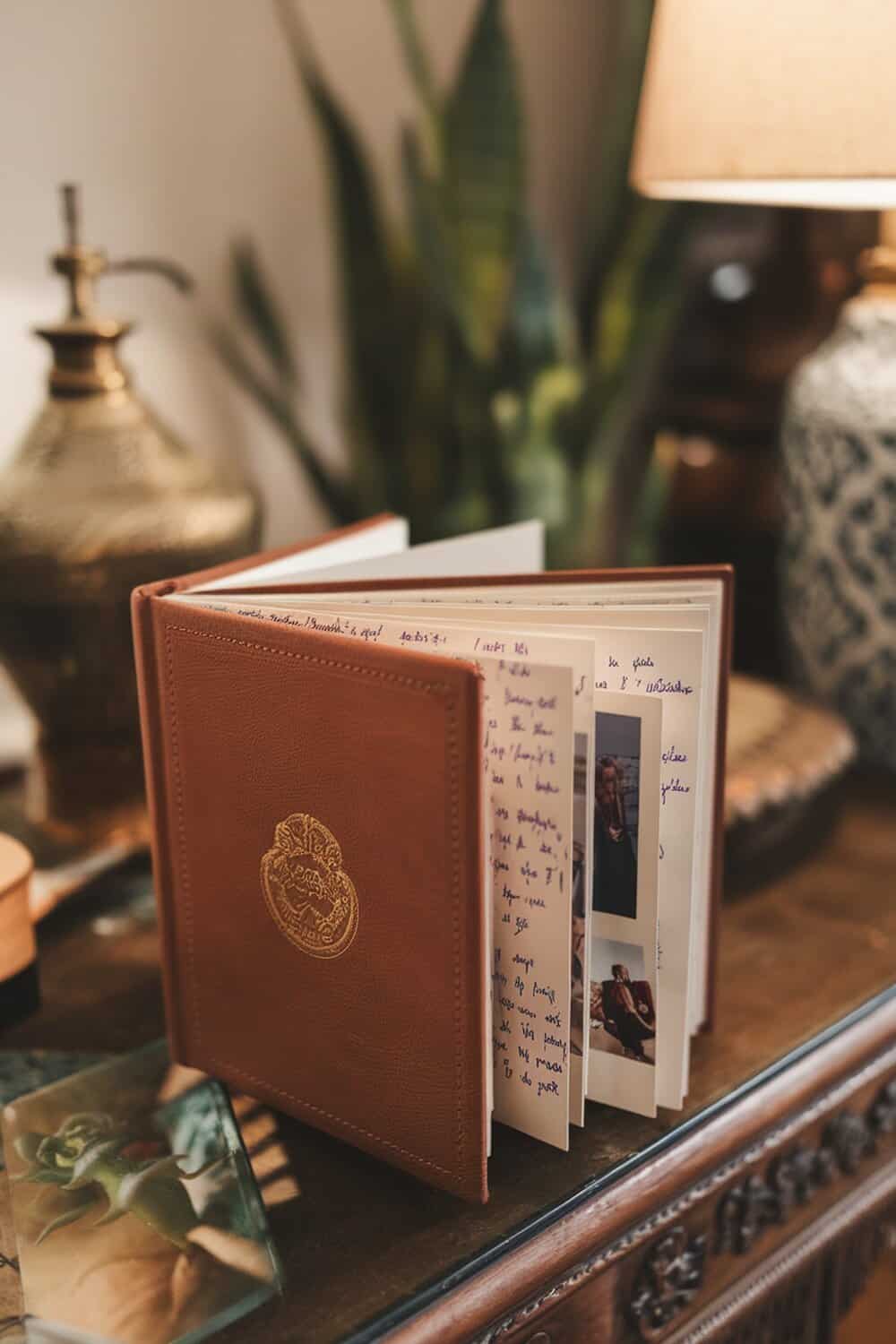 A personalized photo album with handwritten notes and photos, placed on a wooden table.